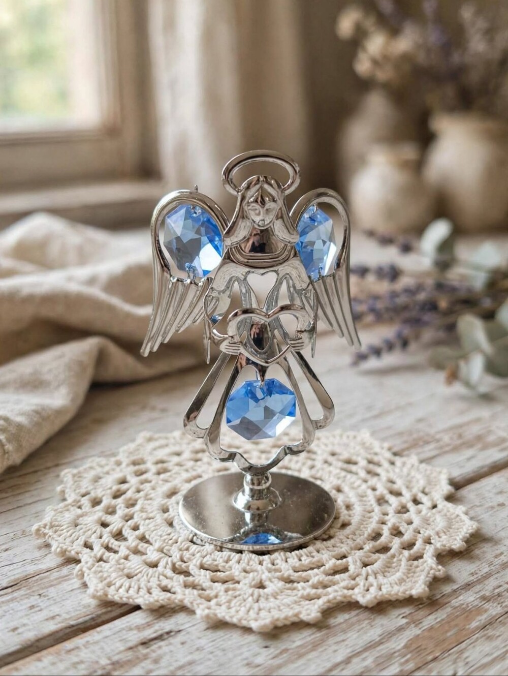 Vintage Mascot Inc Chrome Angel Figurine Blue Austrian Crystal